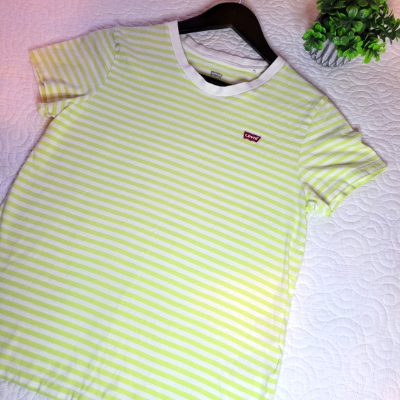 Levi | Perfect Crew Striped Tee | Lime Green & Cream Striped | Size Small - Picture 7 of 9